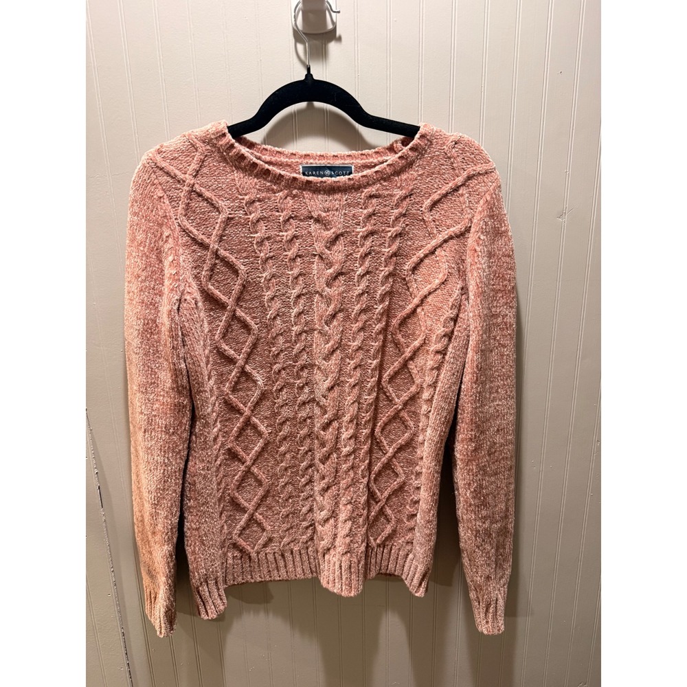 Karen Scott Pink Chenille Cable Knit Sweater Crew Neck Long Sleeve‎ Small